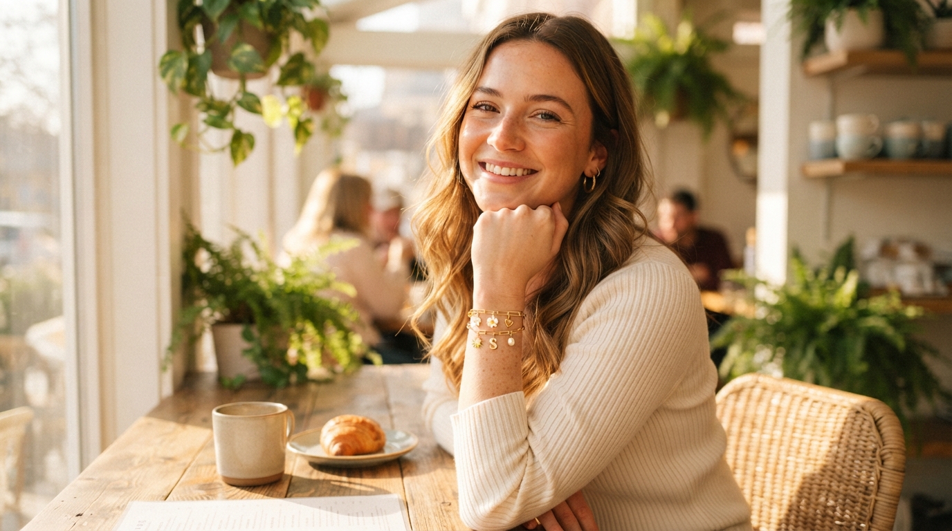 Woman wearing golden charm bracelets in a sunlit café